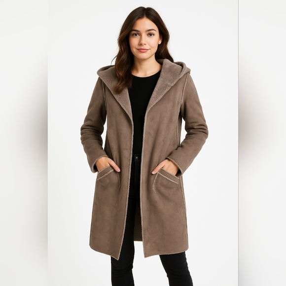 For The Republic Jackets & Blazers - For the Republic Long Length Faux Suede Fur Lined Coat with Hood Gray Size Small